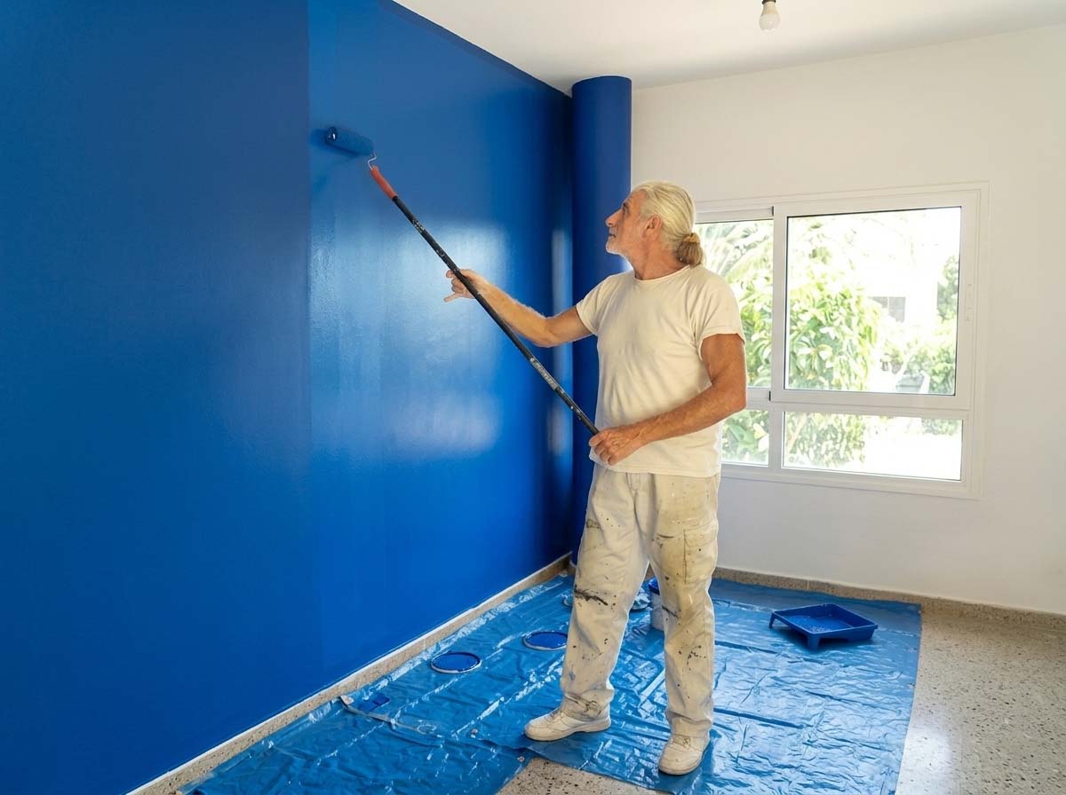 Pintor profesional trabajando con cuidado en vivienda